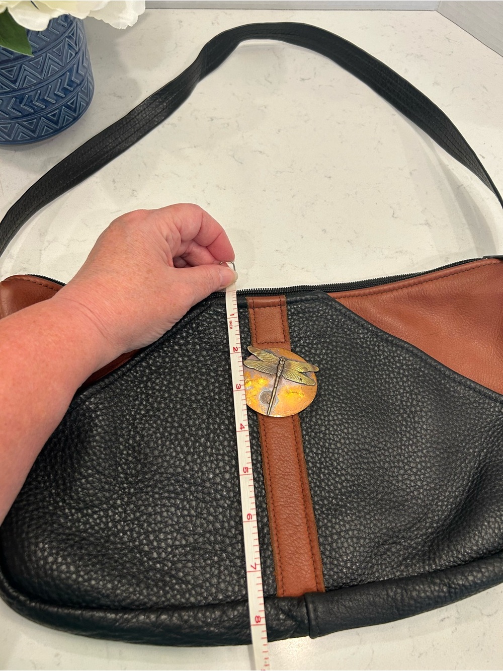 Two-Tone Handmade Leather Shoulder Bag with Copper Dragonfly Detail - Picture 10 of 16